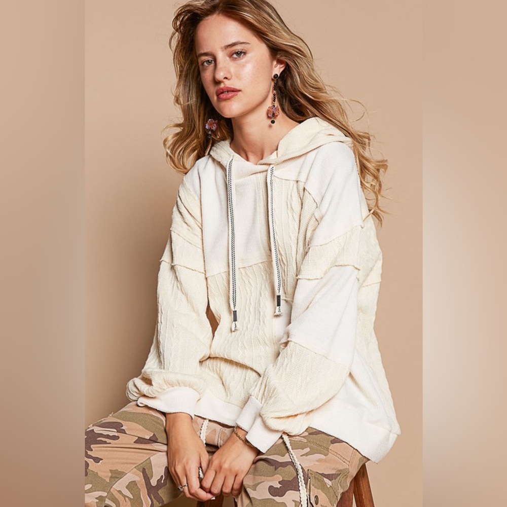 Balloon Sleeve Cut Sew Sweater Knit Top in Cream